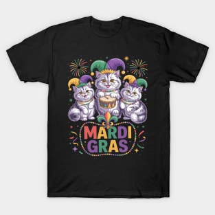 Mardi Gras Three Cute British Longhair Cats Masked Beads T-Shirt